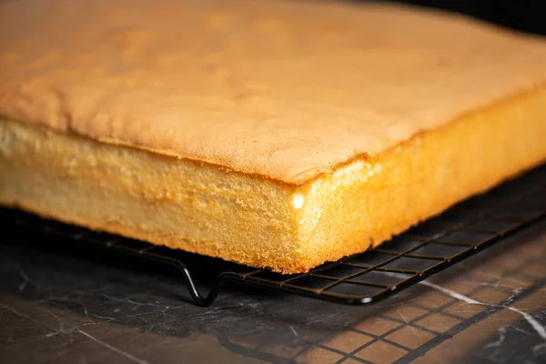 Fresh Baked Golden Undecorated One Quarter Size Sponge Cake Slab — Stockfoto