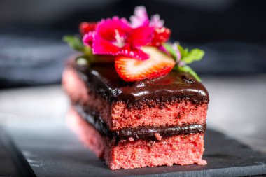 Home-made strawberry cake with chocolate whipped cream