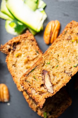 Home-made fresh baked zucchini quick bread with pecans.