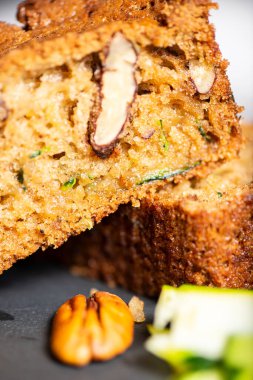 Home-made fresh baked zucchini quick bread with pecans.