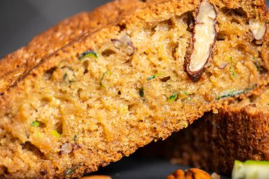 Home-made fresh baked zucchini quick bread with pecans.