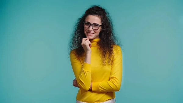 Happy Young Woman Glasses Turtleneck Smiling Isolated Blue — Stock Photo, Image