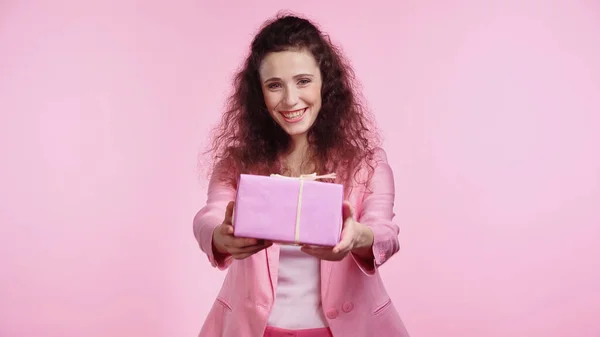 Brunette Happy Young Woman Looking Camera While Holding Present Isolated — Stock Photo, Image