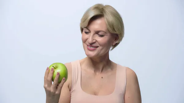 Smiling Middle Aged Woman Holding Fresh Apple Isolated White — Stock Photo, Image