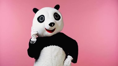 Mutlu panda kostümlü insan pembe üzerinde tek başına duruyor. 