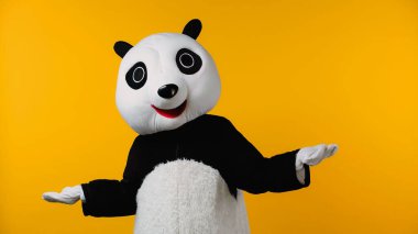 Kafası karışmış panda kostümlü kişi sarı renkte omuz silkme hareketi gösteriyor. 