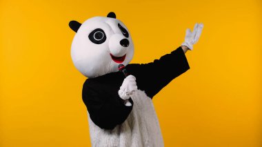 Panda kostümlü insan mikrofonla konuşuyor. 