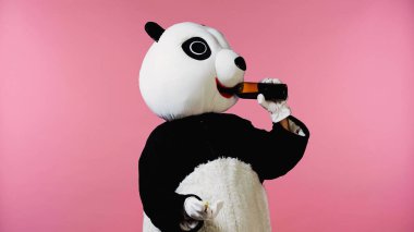 person in panda bear costume drinking wine from bottle and holding cork isolated on pink clipart