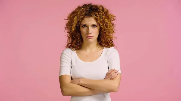 Displeased Redhead Woman Standing Crossed Arms Looking Camera Isolated Pink — Stock Photo, Image