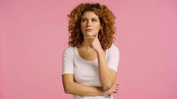 Pensive Woman White Shirt Looking Away While Holding Hand Face — Stock Photo, Image