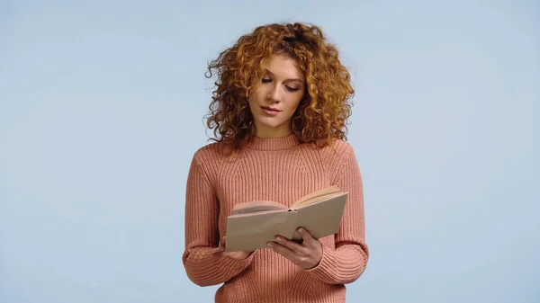 Focused Woman Red Wavy Hair Reading Book Isolated Blue — Stock Photo, Image