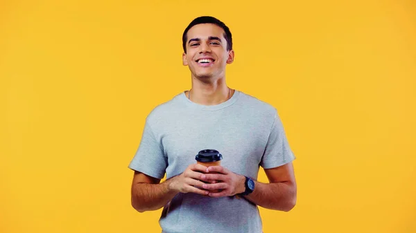 Happy Young Man Shirt Holding Paper Cup Coffee Isolated Yellow — Foto Stock