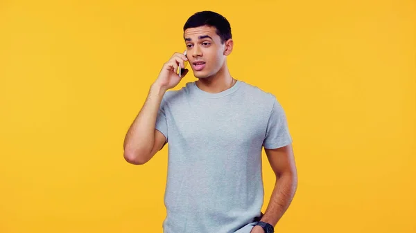 Confused Young Man Shirt Talking Cellphone Isolated Yellow — Foto Stock