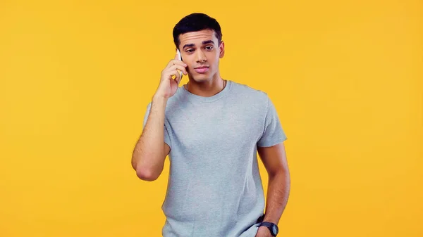 Confused Young Man Shirt Talking Mobile Phone Isolated Yellow — Foto Stock