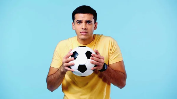 Stressed Young Man Yellow Shirt Holding Football Isolated Blue — Stock Photo, Image