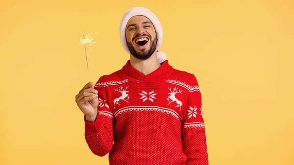 Positive Man Holding Shiny Sparkler Isolated Yellow — Stock Photo, Image