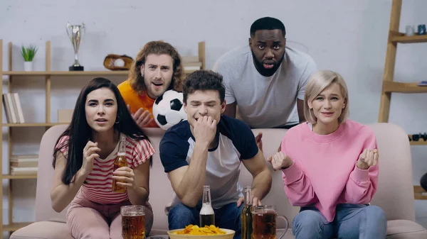 Nervous Multicultural Football Fans Gesturing While Watching Championship Home — Stock Photo, Image