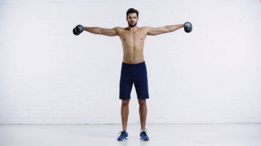 full length of shirtless sportsman with outstretched hands holding heavy dumbbells near white brick wall  clipart
