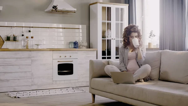 Pregnant Freelancer Drinking Tea Using Laptop Couch Kitchen — Stock Photo, Image