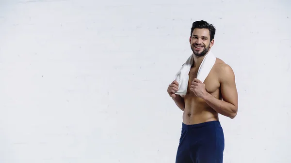 Cheerful Sportsman Holding Towel Looking Camera White — Stock Fotó