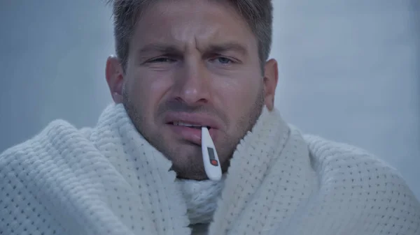 Displeased Sick Man Thermometer Mouth Measuring Temperature Home — Fotografia de Stock