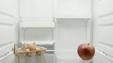 red apple and egg in egg tray on shelf in refrigerator