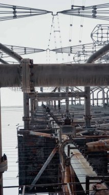 bottom view of radio station metal construction in chernobyl zone