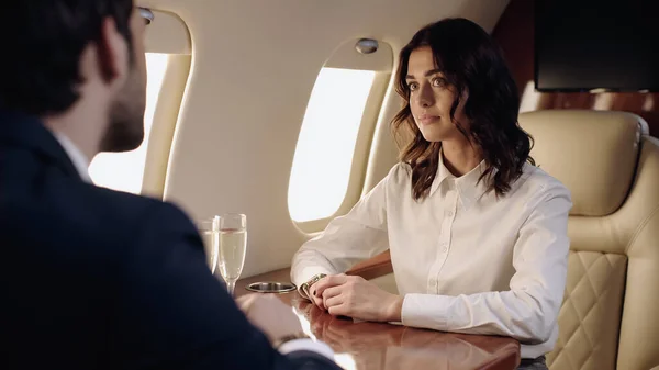 Young Businesswoman Looking Blurred Boyfriend Formal Wear Champagne Private Plane — Foto de Stock