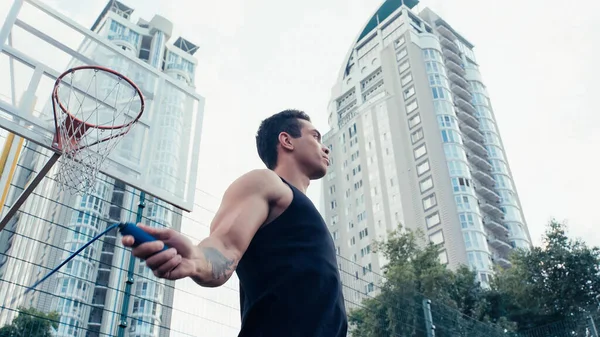 Low Angle View Racial Sportsman Training Jump Rope Outdoors — Stock Photo, Image