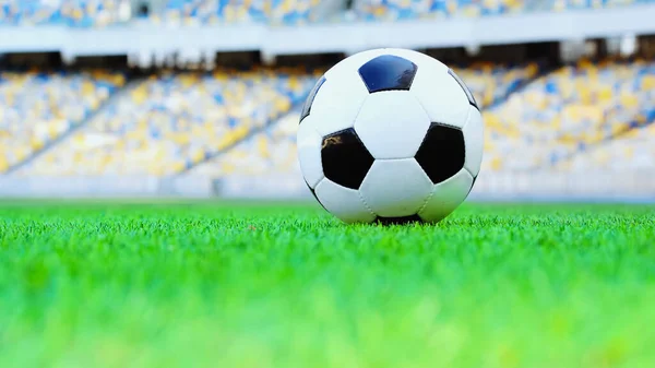 Leather Soccer Ball Green Fresh Grass Stadium — Stock Photo, Image