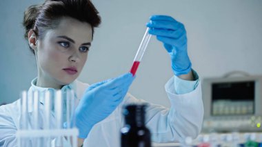 attentive scientist looking at red sample in test tube near blurred medical equipment 