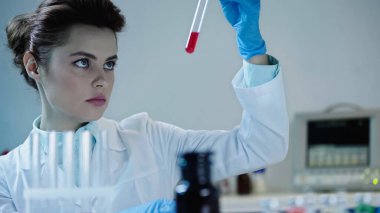 attentive scientist looking at red liquid in test tube near blurred medical equipment 