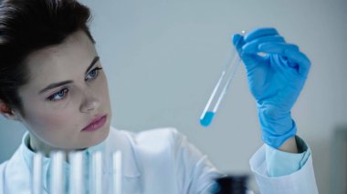 attentive female scientist looking at blue liquid in test tube and writing down results 