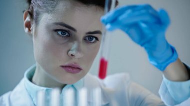 female scientist in latex glove holding blurred test tube with red liquid in lab