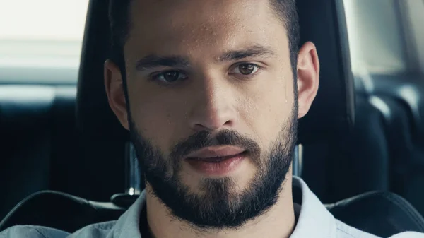 Sweaty Man Suffering Heat While Driving Car Summer — Stockfoto