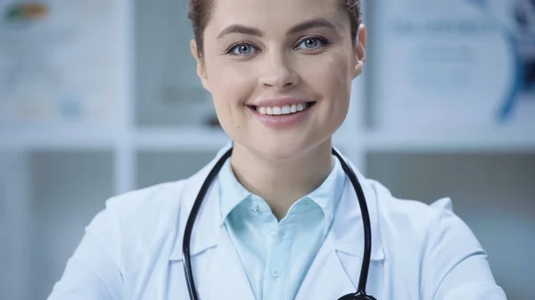 Cheerful Doctor White Coat Smiling Looking Camera — Stockfoto