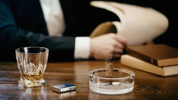 Cropped View Cigar Whiskey Blurred Businessman Isolated Black — Stock Photo, Image