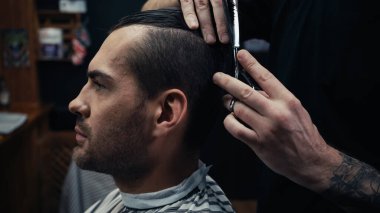 Kuaför berber dükkanında kuaförde saç kesen bir adam. 