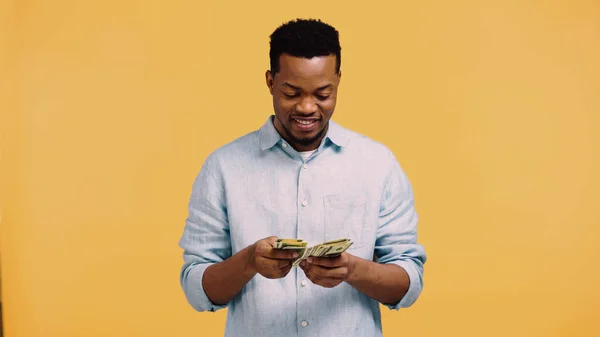 Gelukkige Afrikaan Amerikaanse Man Blauw Shirt Tellen Dollar Bankbiljetten Geïsoleerd — Stockfoto