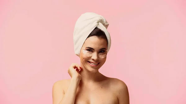 Happy Young Woman Bare Shoulders Moisturizing Eye Patches Isolated Pink — Stock Photo, Image