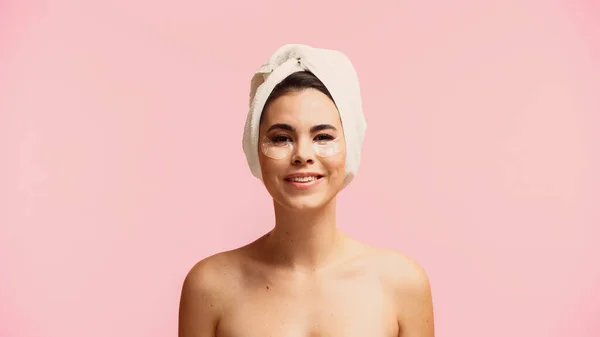 Positive Young Woman Bare Shoulders Moisturizing Eye Patches Isolated Pink — Stock Photo, Image