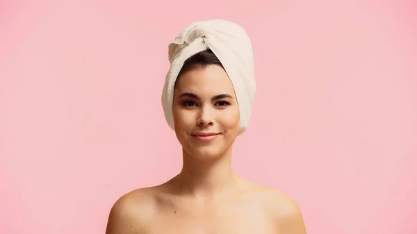 Happy Young Woman Bare Shoulders Towel Head Isolated Pink — Stock Photo, Image