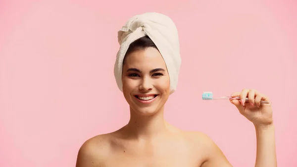 Happy Young Woman Bare Shoulders Towel Head Holding Toothbrush Toothpaste — Stock Photo, Image