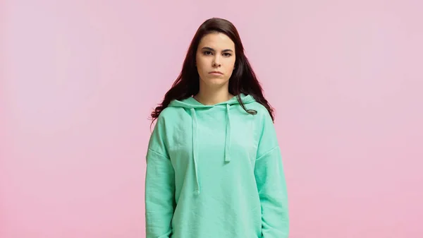 Sad Young Woman Turquoise Hoodie Looking Camera Isolated Pink — Stock Photo, Image