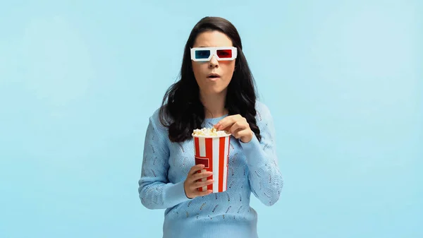 Shocked Young Woman Glasses Eating Popcorn While Watching Movie Isolated — Stock Photo, Image