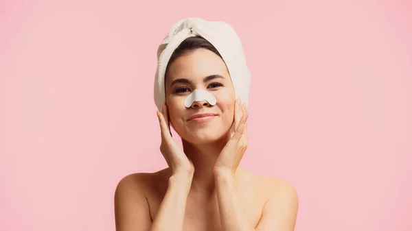 Happy Young Woman Patch Nose Towel Head Smiling Isolated Pink — Stock Photo, Image