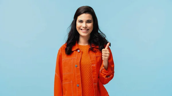 Fröhliche Junge Frau Orangefarbener Jacke Die Den Daumen Vereinzelt Auf — Stockfoto