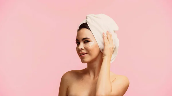 Happy Young Woman Bare Shoulders Eye Patches Touching Towel Head — Stock Photo, Image
