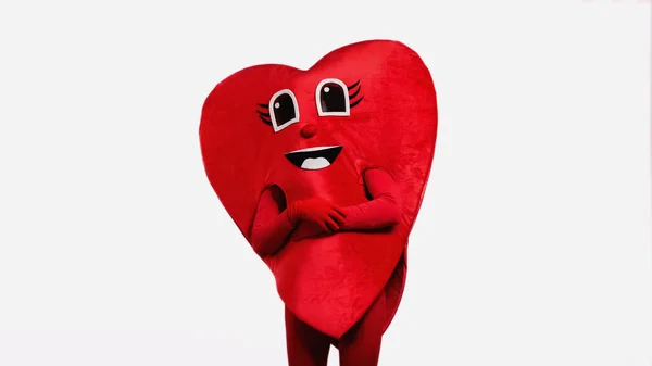 Persona in costume cuore positivo ridere isolato su bianco — Foto stock