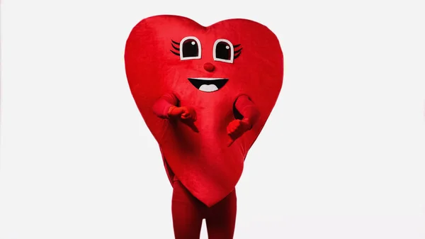 Person in red heart costume showing thumbs down isolated on white — Stock Photo